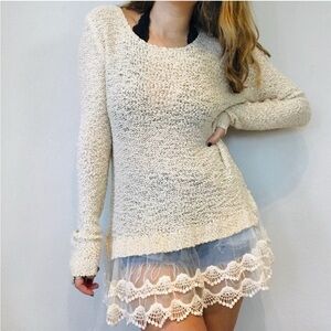 Kate Collection Creamy White Lace Trim Sweater